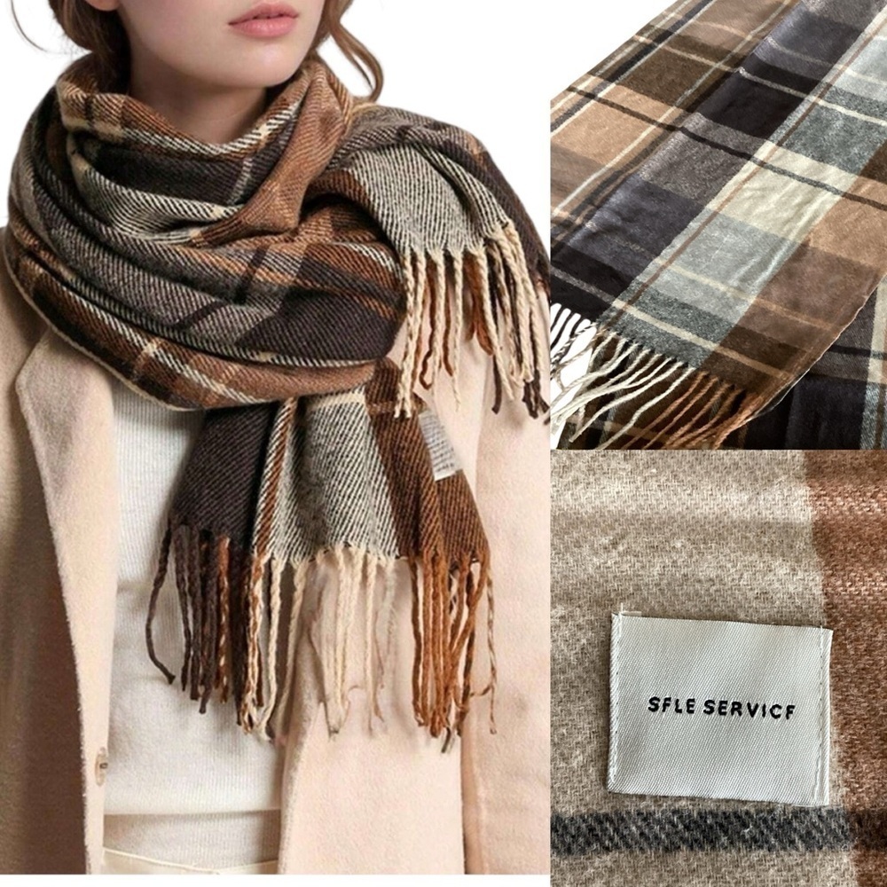 Self Service Plaid Woolen Scarf Shawl Wrap Brown Earth Tones New